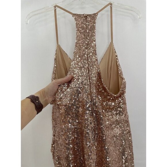 B. Smart Rose Gold Sequin Metallic Mini Body-con Dress Zip Back Size 15 - Picture 7 of 13